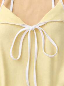 Top de tirantes con lazo y ribete de lechuga en contraste, elegante y ajustado, top para salir para mujeres, apto para el estilo del milenio - Amarillo - Ver 6