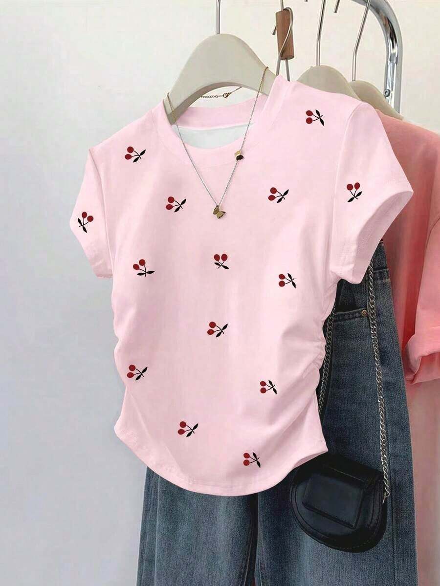 lanzamiento de verano, top corto versátil y casual con estampado de limón dulce, camiseta ajustada a la cintura para mujer, diseño cómodo, adecuado para uso diario, al aire libre, compras - Rosa - Ver 1
