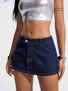 Minifalda de jean de moda con decoración de botón en la cintura para mujer - Azul lavado oscuro - Ver 6