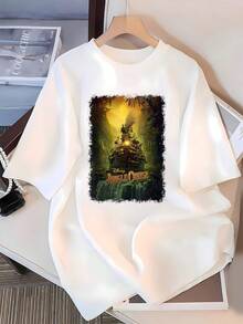 Graphic Depicting A Jungle Adventure With A Boat Sailing Among Exotic Trees Under A Golden Light, Symbolizing Exploration And Courage. Comfortable, Casual, And Modern Women's T-Shirt For Everyday Wear. - 白色 - 查看 3