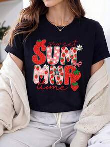 Camiseta de verano para mujer con estampado de fresas, manga corta, cuello redondo, hombros caídos, estilo casual. NAIG - Negro - Ver 1