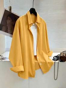 Camisa casual de manga larga, de un solo pecho, de unicolor y holgada para mujer - Amarillo - Ver 1