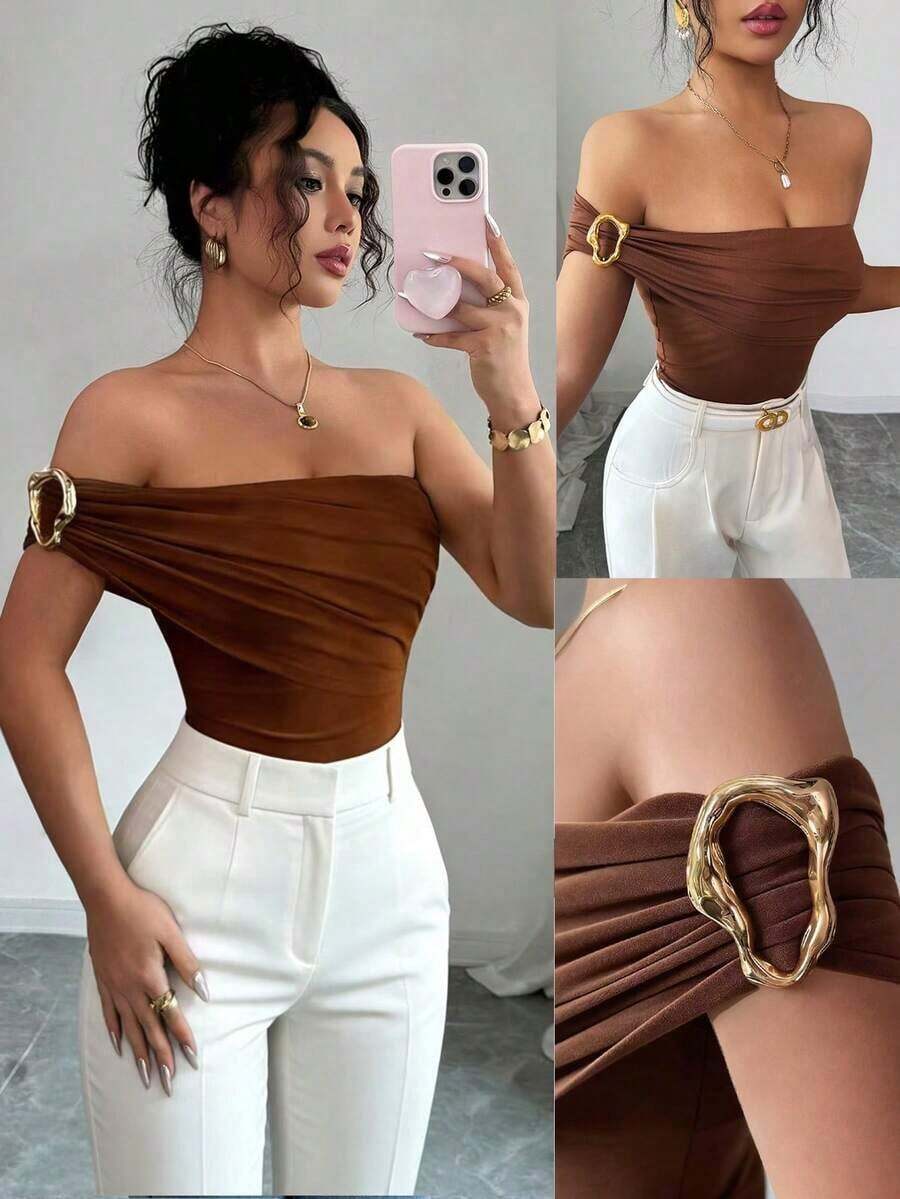 Top de tirantes casual y ajustado con decoración de hombro oblicuo para mujer - Marrón - Ver 1