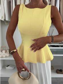1 pieza Blusa informal de punto de unicolor con volante, rosa de verano - Amarillo - Ver 5