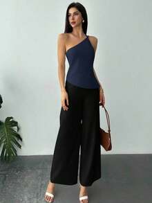 Nueva llegada Primavera/Verano Elegante Top casual de lino color albaricoque con cintura fruncida, bajo asimétrico y espalda descubierta - Azul marino - Ver 6