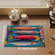 1 pieza Estera absorbente/secado con estampado de pescado salado para cafetera, vajilla - Estera protectora absorbente de poliéster para escritorio con almohadilla antideslizante de goma, para decoración de la cocina, bar en casa y mesa de comedor - Multicolor - Ver 14