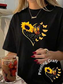 100% Cotton Women's Casual Short Sleeve Crew Neck T-Shirt With Sunflower, Butterfly And Heart Print, Regular Fit - 黑色 - 查看 2