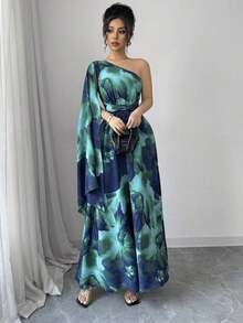 Vestido elegante de talle alto con hombro asimétrico, abertura lateral y estampado aleatorio, estilo fashionable para vacaciones - Multicolor - Ver 1