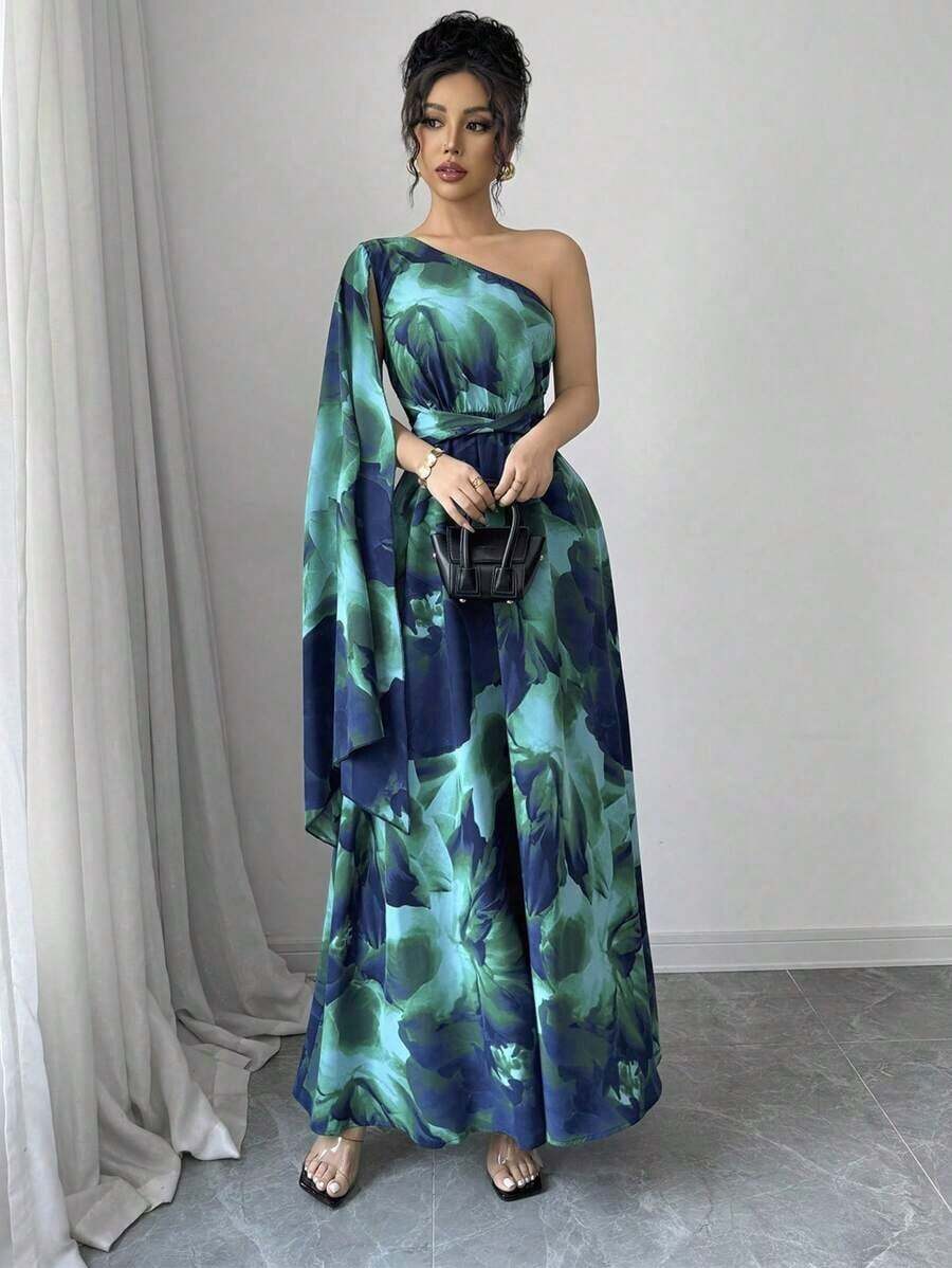 Vestido elegante de talle alto con hombro asimétrico, abertura lateral y estampado aleatorio, estilo fashionable para vacaciones - Multicolor - Ver 1