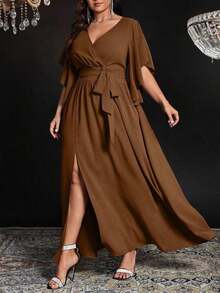 Vestido maxi elegante de fiesta con abertura, cuello en V ajustado, mangas acampanadas y cintura fruncida, talla grande para mujer - Marrón - Ver 6