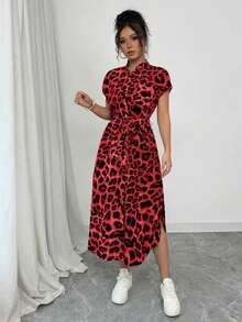 Vestido largo de manga corta para verano 2025, nuevo, con bolsillo, abertura lateral, cinturón y lazo, estampado de leopardo, para uso casual y de viaje - Rojo - Ver 3