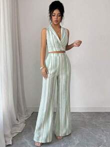 Nuevo conjunto de 2 piezas de primavera/verano con top sin mangas de lino texturizado a rayas azul y blanco, y pantalones casuales acampanados con bolsillos duales, elegante estilo casual - Verde - Ver 4