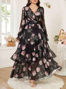 Reflora Nuevo vestido largo de mujer de talla grande con estampado floral, volantes en el bajo, cintura ceñida y alta elasticidad, vestido de otoño, vestido con volantes, vestido floral - Multicolor - Ver 5