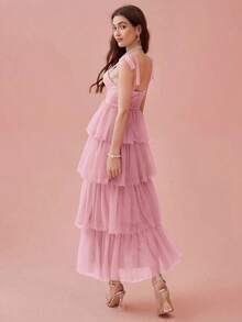 Vestido de mujer elegante de unicolor con tirantes de malla - Rosa - Ver 2