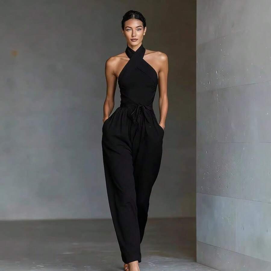 Nuevos pantalones de piernas anchas de moda con tirantes cruzados de tela de lino - Negro - Ver 1