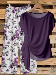 Conjunto de 2 piezas de blusa con lazo y pantalones rectos para mujer, informal - Multicolor 10 - Ver 6