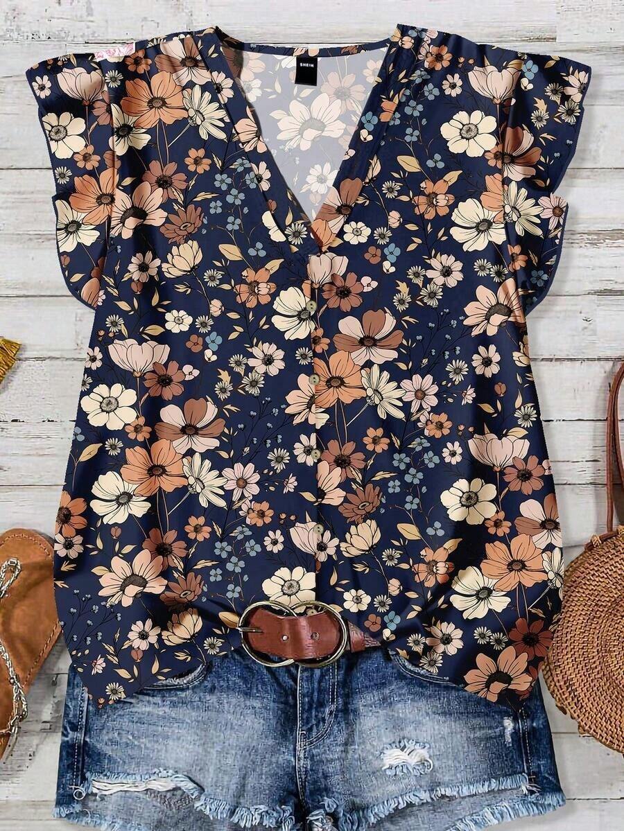 Camisa casual de mujer de manga corta con cuello en V, con estampado de rayas en un estilo minimalista, bohemio, elegante y romántico, retro, adecuado para festivales de música, playa, vacaciones de verano - Multicolor 10 - Ver 1