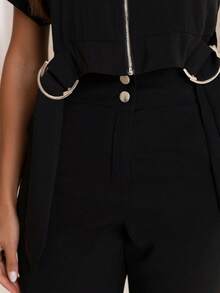 Women's Long Tailored Linen Set - Cropped Blouse And Pants - BLACK LINEN - View 6