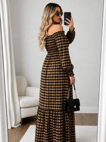 Adult Plus Size Long Plaid Dress With 3/4 Sleeves, Adjustable Elastic Waistband, Perfect For June Festivals, Country Fashion, Loose Fit, And Comfortable. - Nâu/Đen - Xem 2