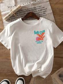 Camiseta Casual de Manga Corta para Mujer - Estampado Gráfico de Surf Club en la Parte Delantera y Trasera con Hojas de Palma y el Eslogan "Let's Get The Surfing", Blanca con Detalles en Verde Azulado y Rosa, Cuello Redondo de Elasticidad Media para Primavera, Verano y Otoño, Ropa de Playa y Conjuntos Casuales, Camiseta de Playa, Ropa de Vacaciones, Diseño Divertido, Material Transpirable, Ropa Inspirada en el Surf, Camiseta Y2k para Amantes de la Moda. - Negro - Ver 3
