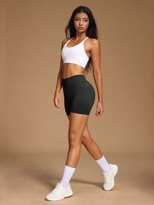 VVX Quần short tập thể dục nữ cạp cao, lưng chữ V nhún, kiểm soát bụng, yoga, không đường may, ôm dáng, màu trơn, mềm, kiểu biker cho tập gym, thể thao, mặc thường ngày, dùng cho mọi mùa - màu đen - Xem 5