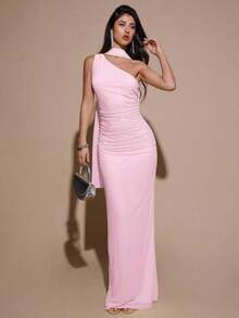 Vestido de malla ajustado con drapeado asimétrico, elegante y sexy vestido de gala para fiesta, boda, cumpleaños, Navidad, Halloween - Amarillo claro - Rosa Pálido - Ver 4
