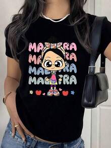 Short-Sleeve, Round Neck. Cute Cartoon Teacher Drawing With Colorful Letters, Hearts, Apples, And Flowers Expressing Affection And Gratitude. Women's T-Shirt, 100% Cotton, Comfortable And Fashionable. Casual Blouses For Women. - 黑色 - 查看 6