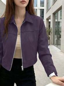 Chaqueta con cremallera de unicolor y cuello de ante sintético para mujer, uso casual para la escuela, el aeropuerto, primavera/otoño - Morado - Ver 5