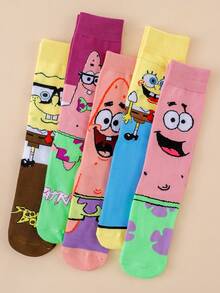 SpongeBob SquarePants 5雙隨機款 SquarePants 卡通中筒襪，適合街頭風與休閒穿搭，可愛校服與日常穿著 - 彩色 - 查看 4