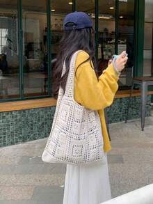 Yogodlns 简约钩针编织手提包 时尚镂空针织女包 休闲女式单肩包 女士购物手提包 复古镂空设计针织单肩包 简约大容量女士沙滩手提包 纯色女士购物手提包 - 米色 - 查看 7