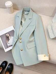 Blazer casual con cuello de solapa y botones para mujer, primavera - Verde - Ver 4