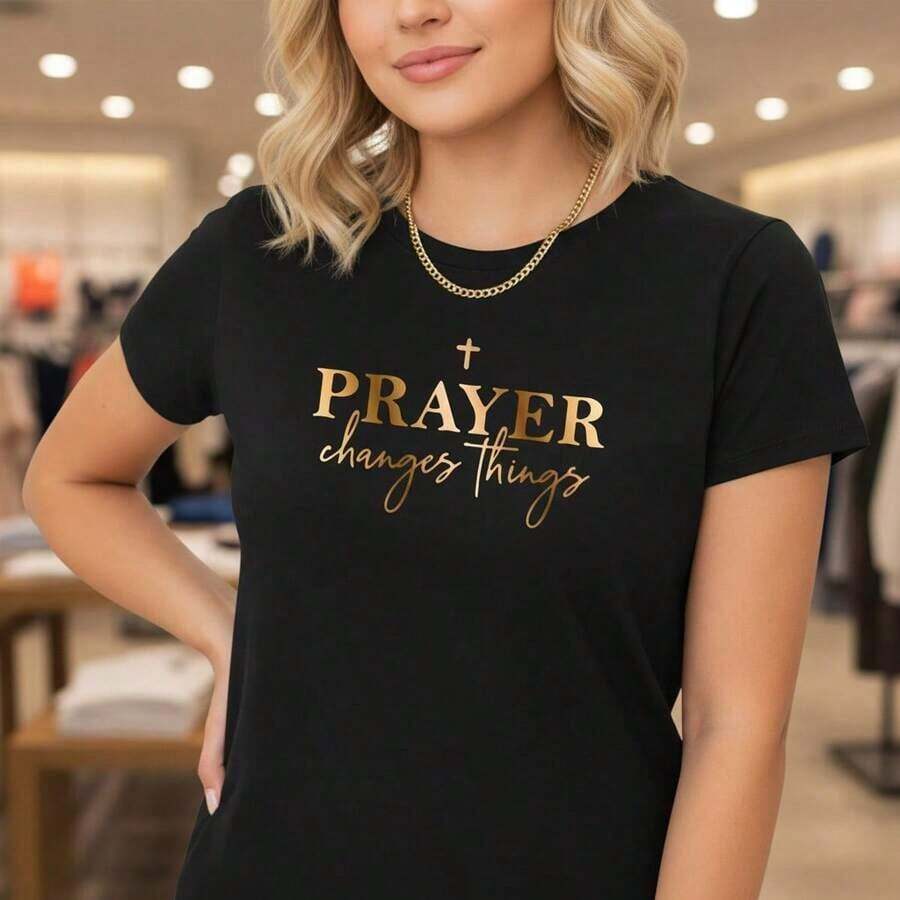Women's Vintage Pure Cotton Graphic T-Shirt, "Prayer Changes Things" Letter Print, Short Sleeve, Round Neck, Casual Style, Plus Sizes Available, Religious Inspirational T-Shirt For Everyday Wear, Black/Gold. - 黑色 - 查看 1