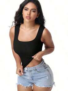 Women's Built-In Bra Tank Top Ribbed Slim Fit Wire Shelf Padded Tank Shirts Wide-Strap Square Neck Undershirt - Black - View 5
