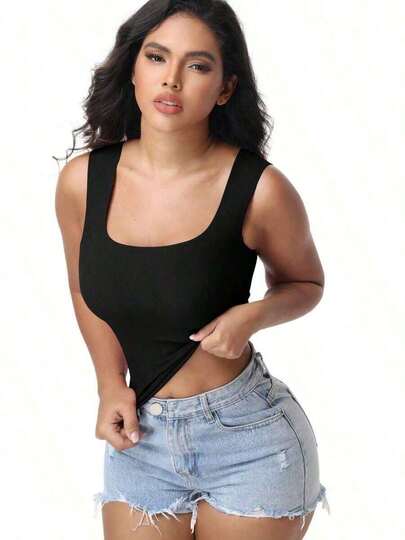 Women's Built-In Bra Tank Top Ribbed Slim Fit Wire Shelf Padded Tank Shirts Wide-Strap Square Neck Undershirt