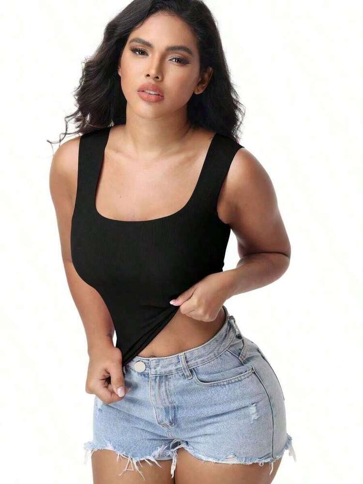 Women's Built-In Bra Tank Top Ribbed Slim Fit Wire Shelf Padded Tank Shirts Wide-Strap Square Neck Undershirt - 黑色的 - 查看 4