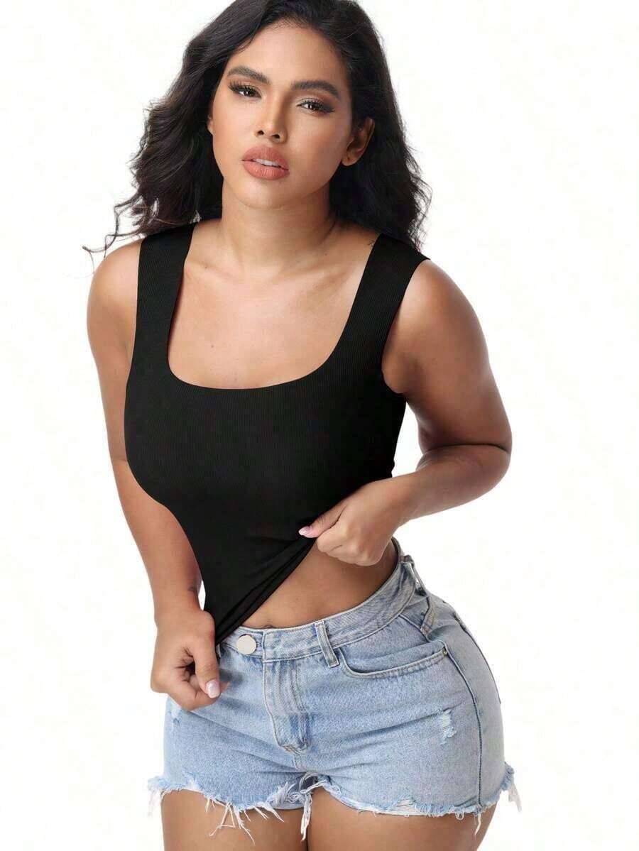 Women's Built-In Bra Tank Top Ribbed Slim Fit Wire Shelf Padded Tank Shirts Wide-Strap Square Neck Undershirt - Black - View 1