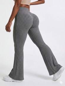 Leggings de ioga femininas de cor sólida, cintura alta e caneladas, modeladoras de bumbum, cintura fina, casuais, justas, respiráveis, ideais para exercícios, ioga, academia, esportes, passeios e férias. - Cinza - Ver 6