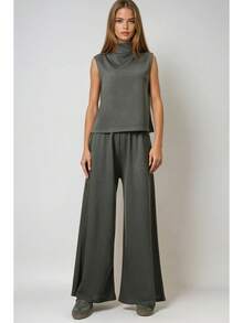 Women's Solid Color Turtleneck Tank Top And Pants Casual Suit - Army Green - View 4