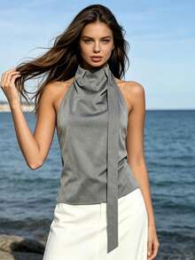 Womens Halter Tank Tops Summer Fashion Solid Color Mock Neck Backless Going Out Vest - Grey - View 4