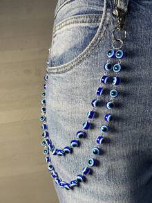 1pc Devil's Eye Double-Layer Men's Punk Style Spiked Chain Waist Chain, Personalized Punk Fashion Hip Hop Street Dance Jeans Waist Chain, Versatile Pants Accessory, Hip Hop Ins Minimalist Waist Chain, Suitable For Key Holder, Wallet, Gift - Blue - View 2