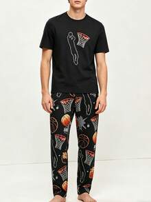 Casual Men's Spring/Summer Thin Pajama Set, Round Neck Cool Basketball Graffiti Print Short Sleeve Top And Long Pants 2-Piece Set, Lazy Comfortable Loungewear Suitable For Outdoor Wear - Multicolor - View 3