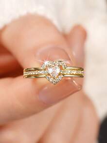 1pc Fashion Heart-Shaped Synthetic Cubic Zirconia Ring, Eternal Love Symbol, Suitable For Daily Wear, Valentine's Day Gift, Wedding And Party Jewelry Designed Specifically For Women - golden - View 3