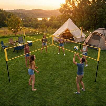 4 Square Volleyball Net Set 14FT, 3 Adjustable Heights, Portable PE Net With Ball Pump Bag For Backyard Beach Games