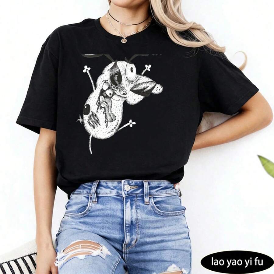 Camiseta Coraje, el perro cobarde Y2K NostaL1Gia Camiseta divertida con meme de reacción de los 90 Serie de dibujos animados T1EE WoM1en M1en Camisetas de algodón 220G Camiseta de manga corta de algodón puro para hombres y mujeres, tejido grueso, resistente a las arrugas y que no se deforma fácilmente. Estilo simple y versátil, ligero y transpirable, perfecto para ir al trabajo, viajar, acampar, ir de compras y el tiempo libre diario. - Negro - Ver 1