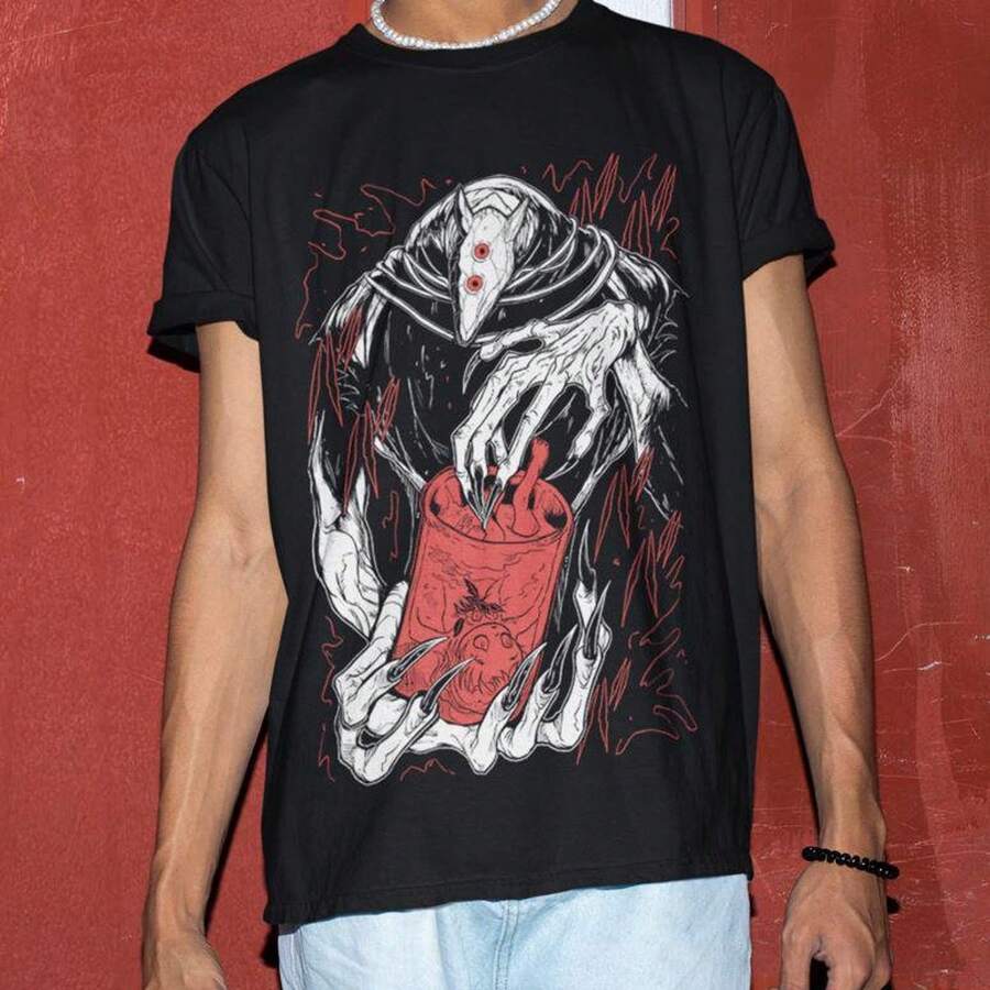Camiseta de manga corta con estampado de chica manga espeluznante, estilo anime gótico oscuro T1EE, 220 g, de algodón puro, para hombre y mujer. Tejido grueso, resistente a las arrugas y que no se deforma fácilmente. Estilo sencillo y versátil, ligero y transpirable, perfecto para ir al trabajo, viajar, acampar, ir de compras y para el tiempo libre diario. - Negro - Ver 1