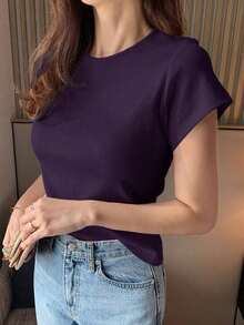Camiseta básica de mujer de cuello redondo de unicolor de manga corta, blanca, para primavera/verano, de estilo casual de oficina - Morado Violeta - Ver 3