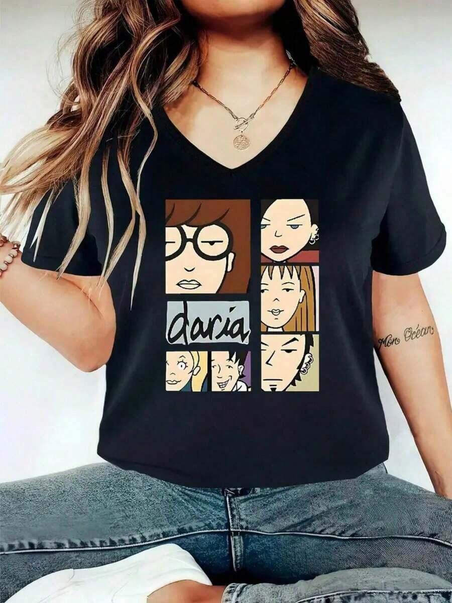 Camiseta Negra Casual Unisex Vintage Gráfica Daria Estampado Urbano Diseño Original para Jóvenes y Adultos Tallas S-XL Moda Callejera Popular100% Cotton - Negro - Ver 1