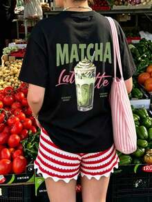 1 camiseta de manga corta con cuello redondo y corte holgado para mujer, con estampado gráfico temático de Matcha, Café Latte, adecuada para vacaciones, oficina, salidas, uso diario, citas, fiestas, reuniones, calle, festivales, festivales de música, Día de San Valentín y otras ocasiones festivas. Atuendo Elegante para Oficina de Mujer, Blusa Bonita, Conjunto Festivo para Mujer, Vestido para Cita Romántica, Blusa Casual Negra Elegante para Mujer - Negro - Ver 4