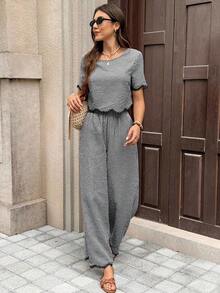 2 piezas Conjunto de top de manga corta de cuello redondo y pantalones de color contrastante para mujer - Blanco y Negro - Ver 6