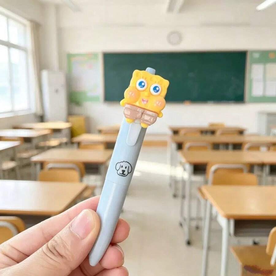 SpongeBob SquarePants 1/3/5pcs Kawaii 0.5mm Black Ink Pens, Retractable Gel Pens With 3D Character Toppers, Smooth Writing For School & Office - Round - View 1